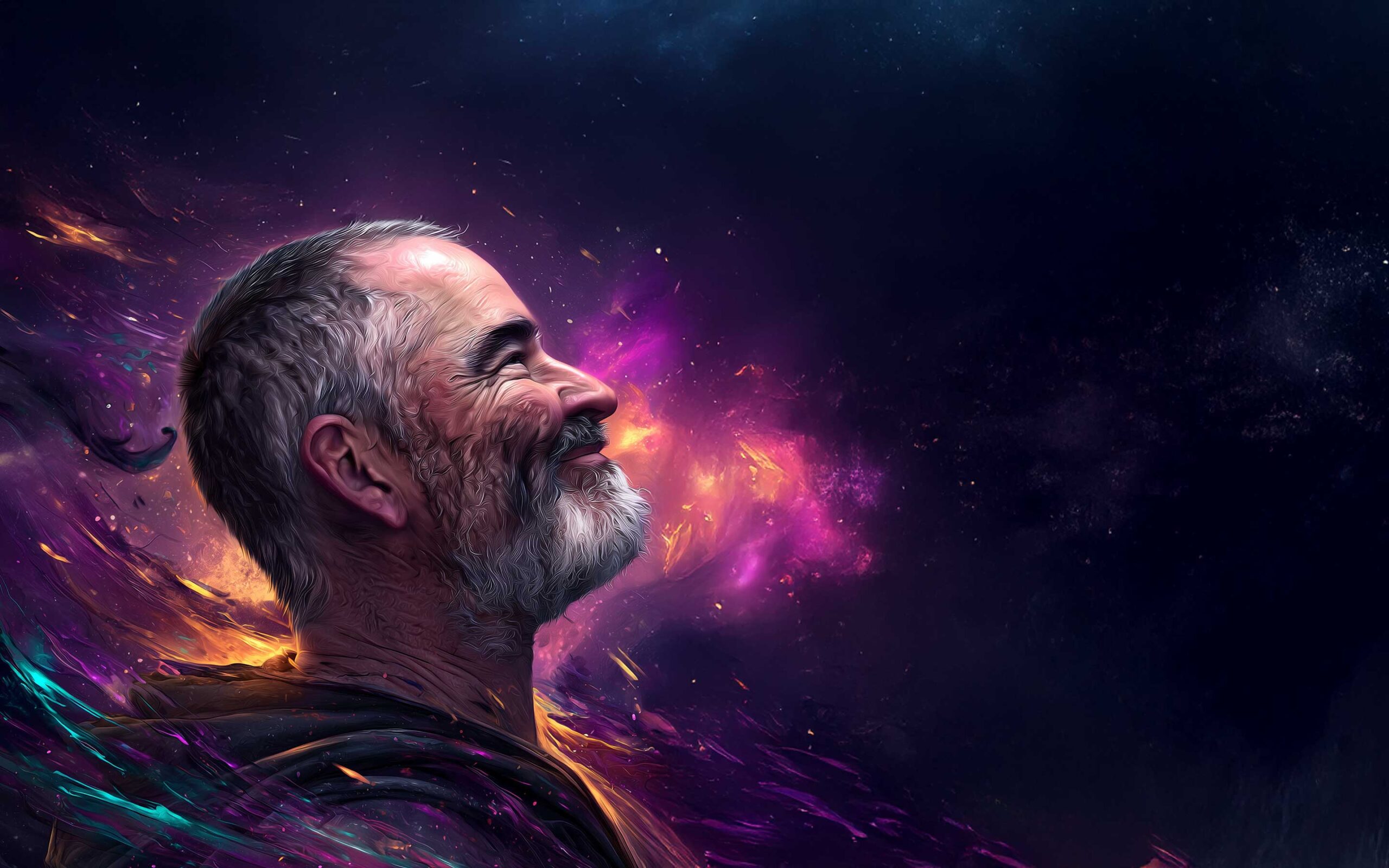 A painted portrait of Chaplain TIG in profile, face lifted toward the light, dissolving into a cosmos of fire and stardust.